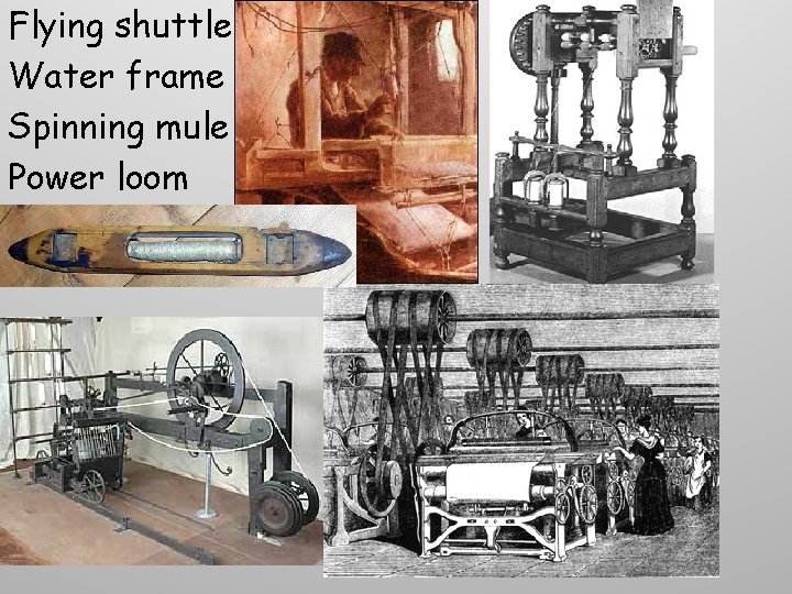 Flying shuttle Water frame Spinning mule Power loom Flying shuttle Water frame Spinning mule Power loom