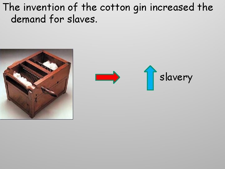 The invention of the cotton gin increased the demand for slaves. slavery The invention of the cotton gin increased the demand for slaves. slavery