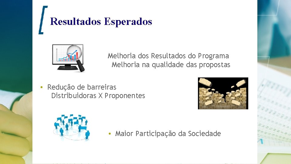 Resultados Esperados • Melhoria dos Resultados do Programa Melhoria na qualidade das propostas •