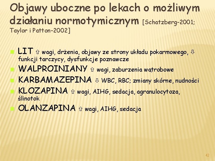 Objawy uboczne po lekach o możliwym działaniu normotymicznym [Schatzberg-2001; Taylor i Patton-2002] n LIT