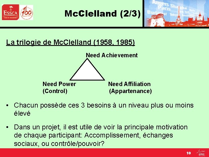 Mc. Clelland (2/3) La trilogie de Mc. Clelland (1958, 1985) Need Achievement Need Power