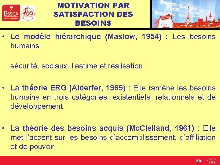 MOTIVATION PAR SATISFACTION DES BESOINS • Le modèle hiérarchique (Maslow, 1954) : Les besoins