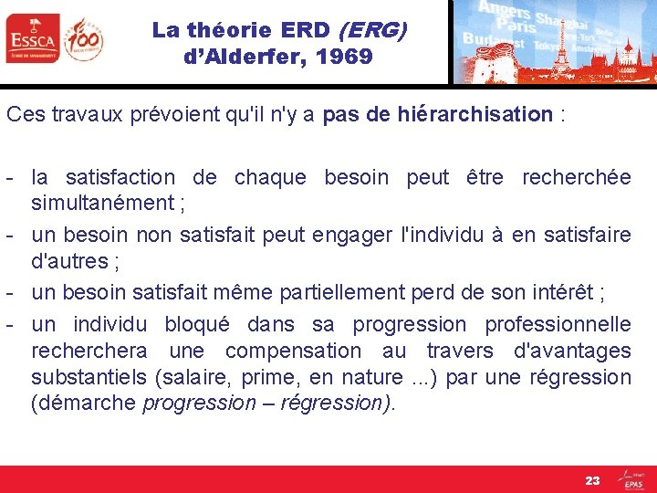 La théorie ERD (ERG) d’Alderfer, 1969 Ces travaux prévoient qu'il n'y a pas de