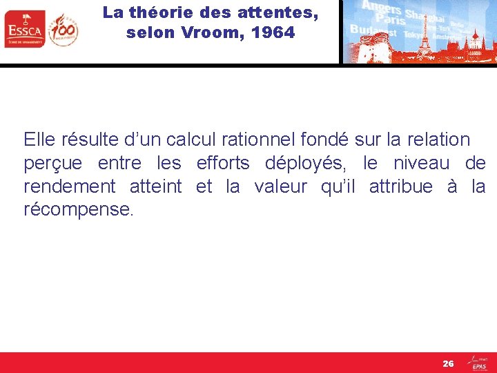 La théorie des attentes, selon Vroom, 1964 Elle résulte d’un calcul rationnel fondé sur