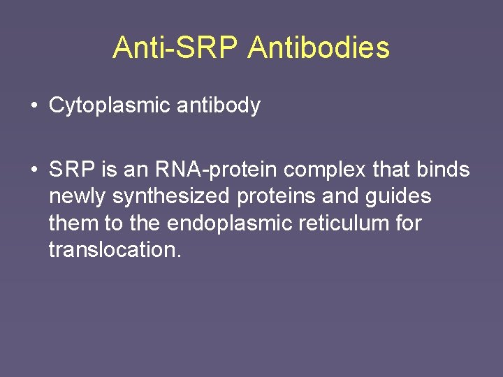 Anti-SRP Antibodies • Cytoplasmic antibody • SRP is an RNA-protein complex that binds newly