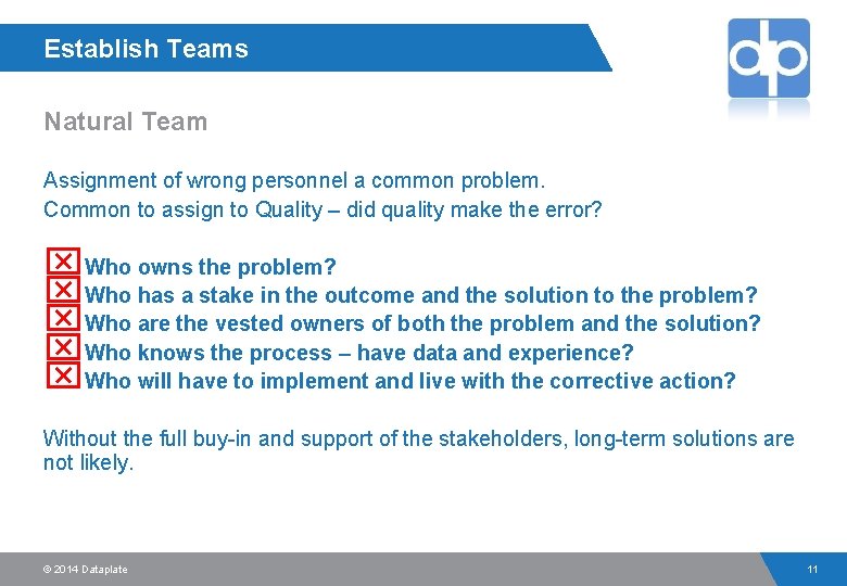Establish Teams Natural Team Assignment of wrong personnel a common problem. Common to assign