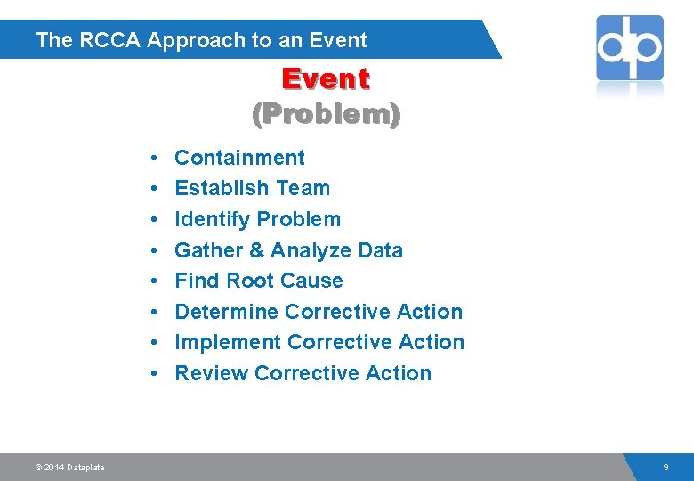 The RCCA Approach to an Event (Problem) • • © 2014 Dataplate Containment Establish