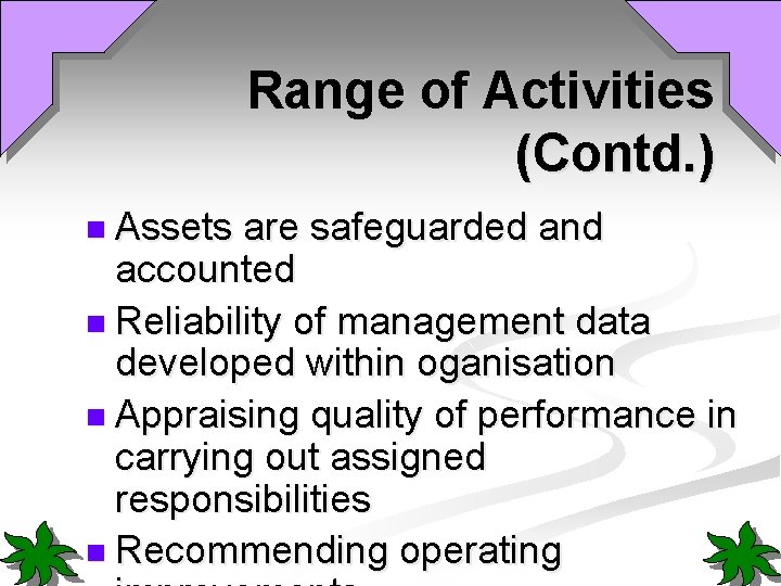 Range of Activities (Contd. ) n Assets are safeguarded and accounted n Reliability of