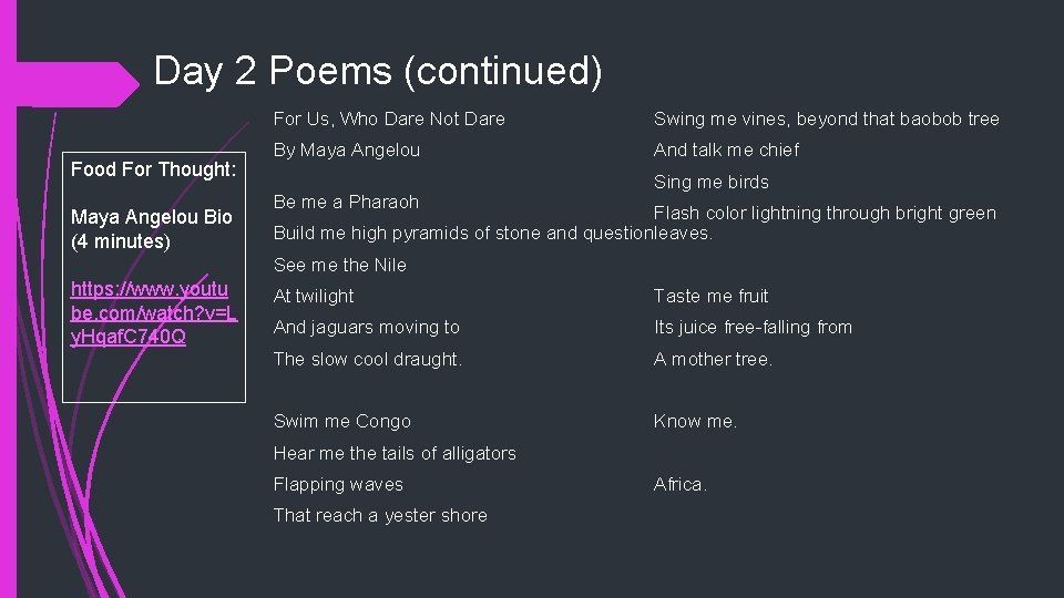 Day 2 Poems (continued) Food For Thought: Maya Angelou Bio (4 minutes) For Us,