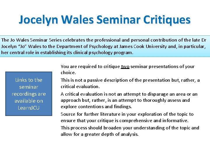 Jocelyn Wales Seminar Critiques The Jo Wales Seminar Series celebrates the professional and personal Jocelyn Wales Seminar Critiques The Jo Wales Seminar Series celebrates the professional and personal