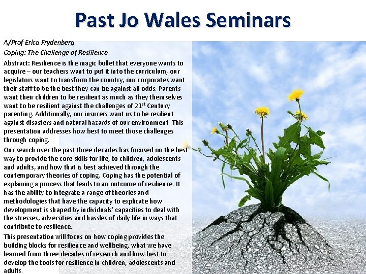 Past Jo Wales Seminars A/Prof Erica Frydenberg Coping: The Challenge of Resilience Abstract: Resilience Past Jo Wales Seminars A/Prof Erica Frydenberg Coping: The Challenge of Resilience Abstract: Resilience
