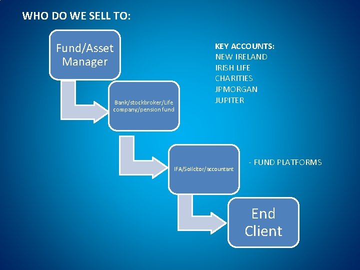 WHO DO WE SELL TO: Fund/Asset Manager Bank/stockbroker/Life company/pension fund KEY ACCOUNTS: NEW IRELAND WHO DO WE SELL TO: Fund/Asset Manager Bank/stockbroker/Life company/pension fund KEY ACCOUNTS: NEW IRELAND
