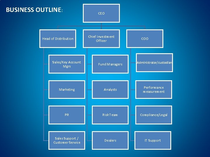 BUSINESS OUTLINE: CEO Head of Distribution Chief Investment Officer COO Sales/Key Account Mgrs Fund