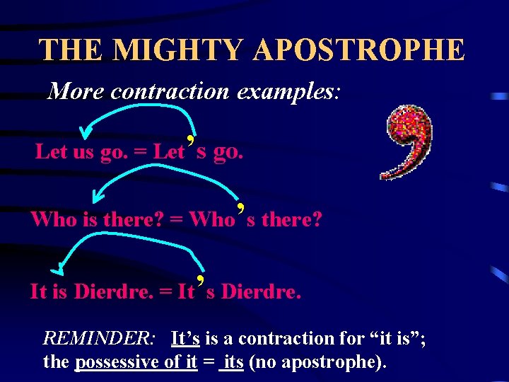 THE MIGHTY APOSTROPHE More contraction examples: Let us go. = Let’s go. Who is
