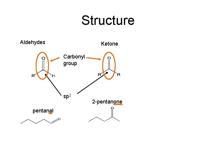 Structure Aldehydes Ketone Carbonyl group sp 2 pentanal 2 -pentanone 