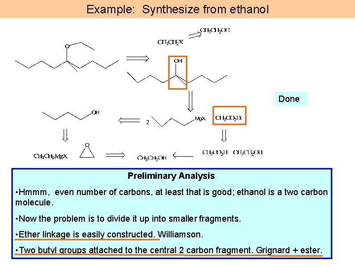 Example: Synthesize from ethanol Done Preliminary Analysis • Hmmm, even number of carbons, at