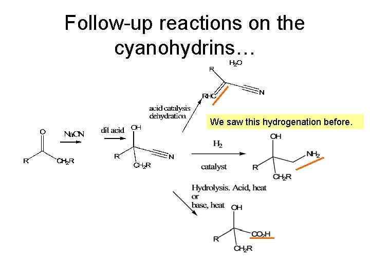 Follow-up reactions on the cyanohydrins… We saw this hydrogenation before. 