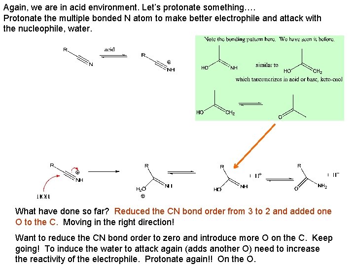 Again, we are in acid environment. Let’s protonate something…. Protonate the multiple bonded N