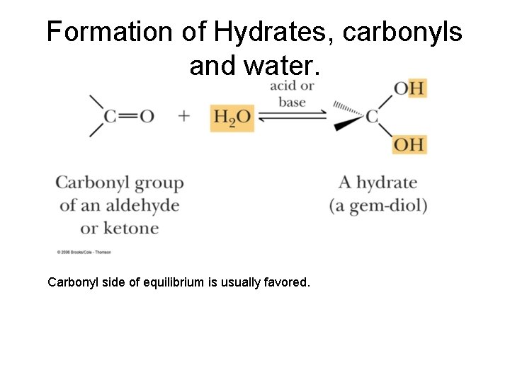 Formation of Hydrates, carbonyls and water. Carbonyl side of equilibrium is usually favored. 