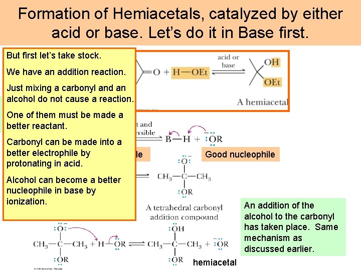 Formation of Hemiacetals, catalyzed by either acid or base. Let’s do it in Base
