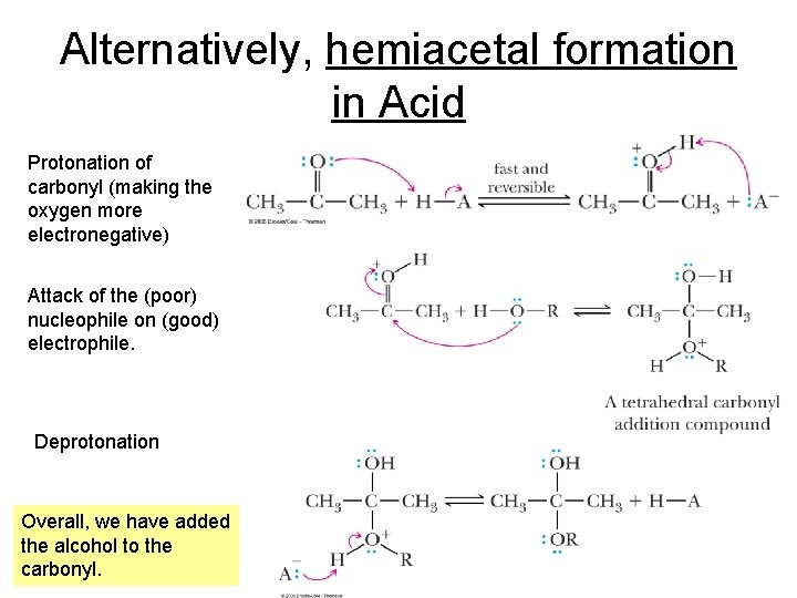 Alternatively, hemiacetal formation in Acid Protonation of carbonyl (making the oxygen more electronegative) Attack
