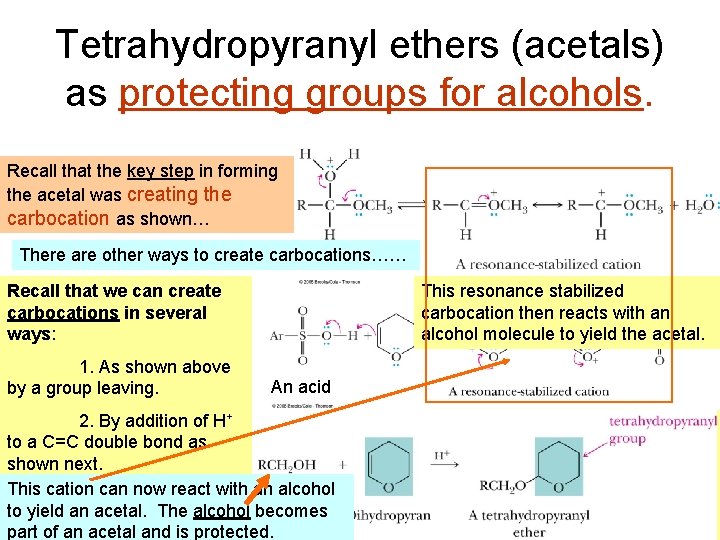 Tetrahydropyranyl ethers (acetals) as protecting groups for alcohols. Recall that the key step in