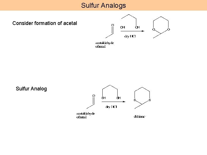 Sulfur Analogs Consider formation of acetal Sulfur Analog 
