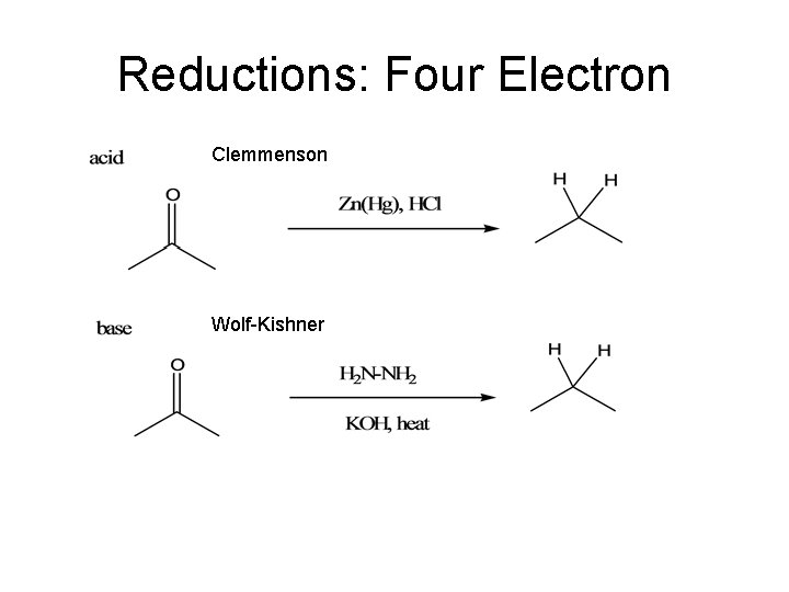 Reductions: Four Electron Clemmenson Wolf-Kishner 