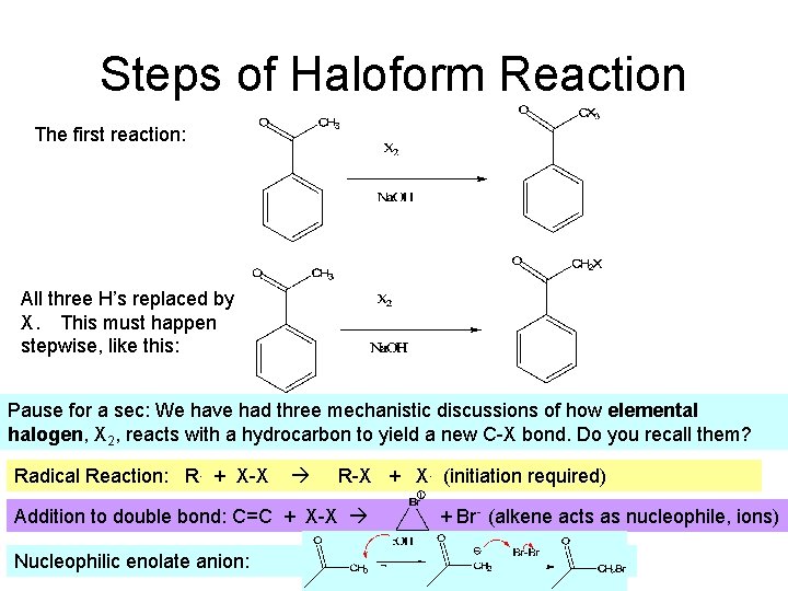 Steps of Haloform Reaction The first reaction: All three H’s replaced by X. This