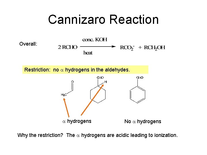 Cannizaro Reaction Overall: Restriction: no a hydrogens in the aldehydes. a hydrogens No a