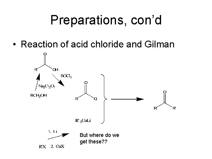 Preparations, con’d • Reaction of acid chloride and Gilman But where do we get