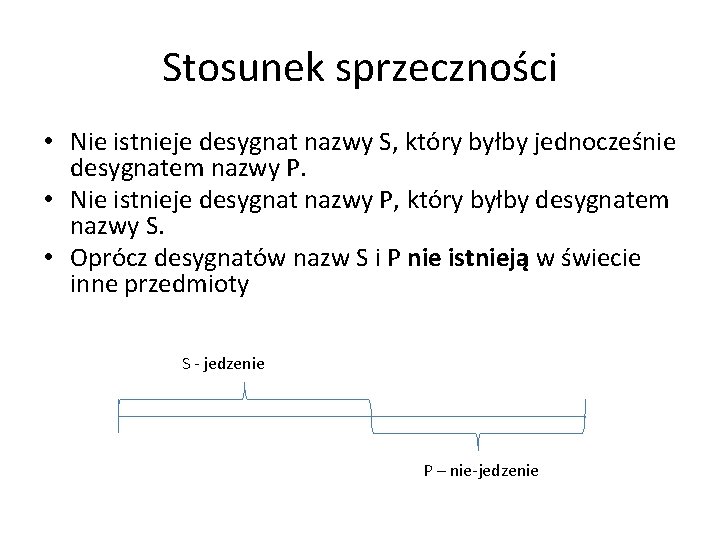 Stosunek sprzeczności • Nie istnieje desygnat nazwy S, który byłby jednocześnie desygnatem nazwy P.