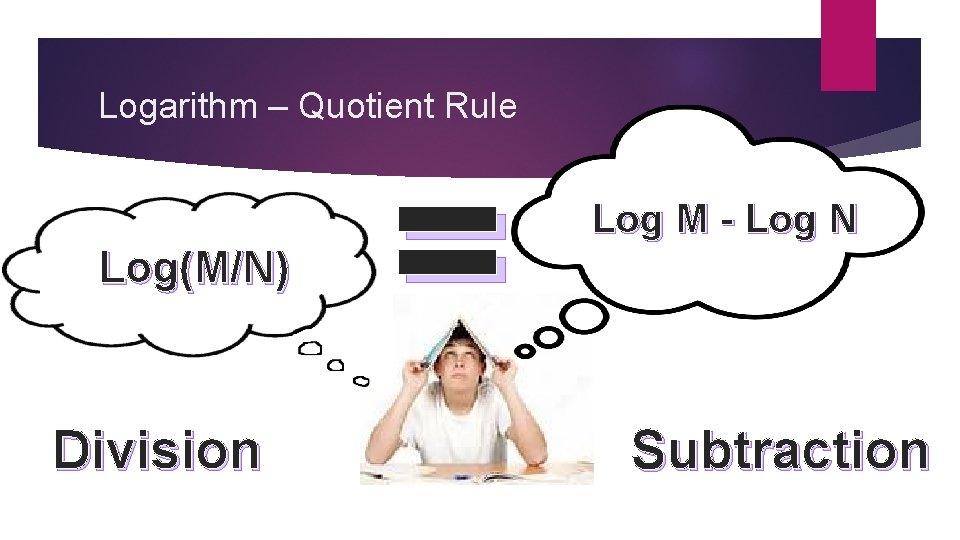 Logarithm – Quotient Rule Log(M/N) Division = Log M - Log N Subtraction 