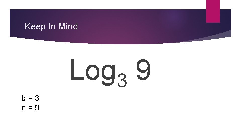 Keep In Mind Log 3 9 b = 3 n = 9 