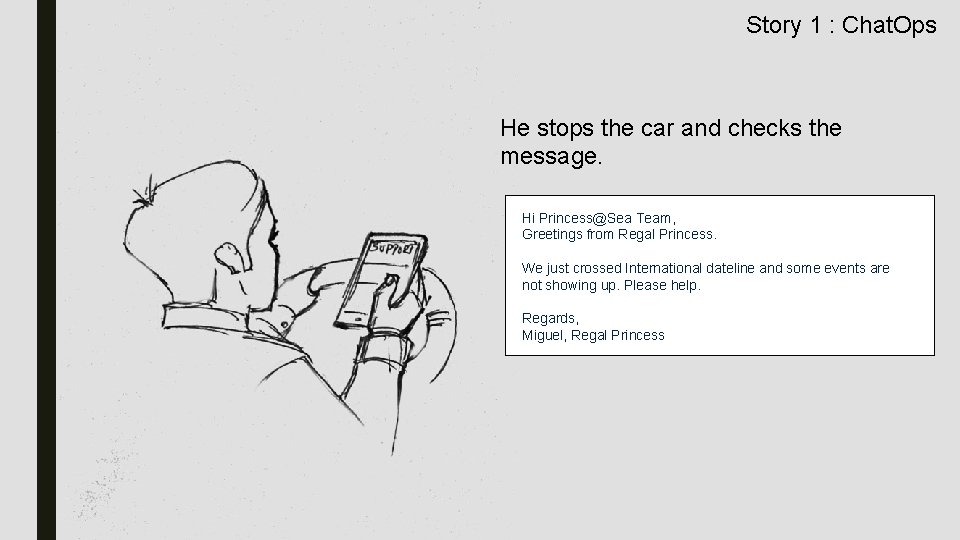 Story 1 : Chat. Ops He stops the car and checks the message. Hi