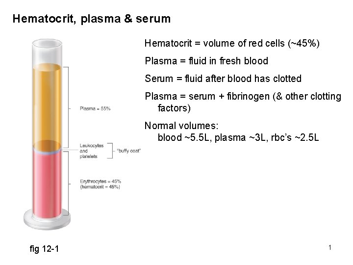 Hematocrit, plasma & serum Hematocrit = volume of red cells (~45%) Plasma = fluid
