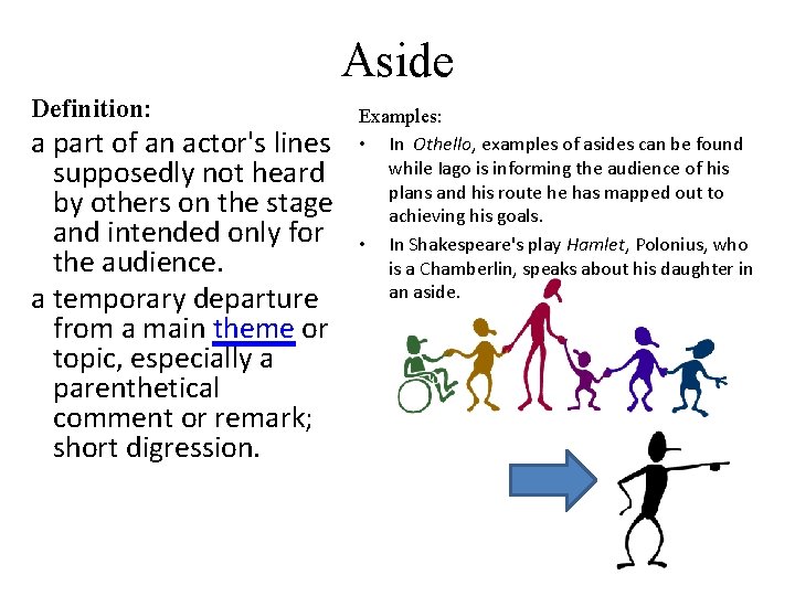Aside Definition: a part of an actor's lines supposedly not heard by others on