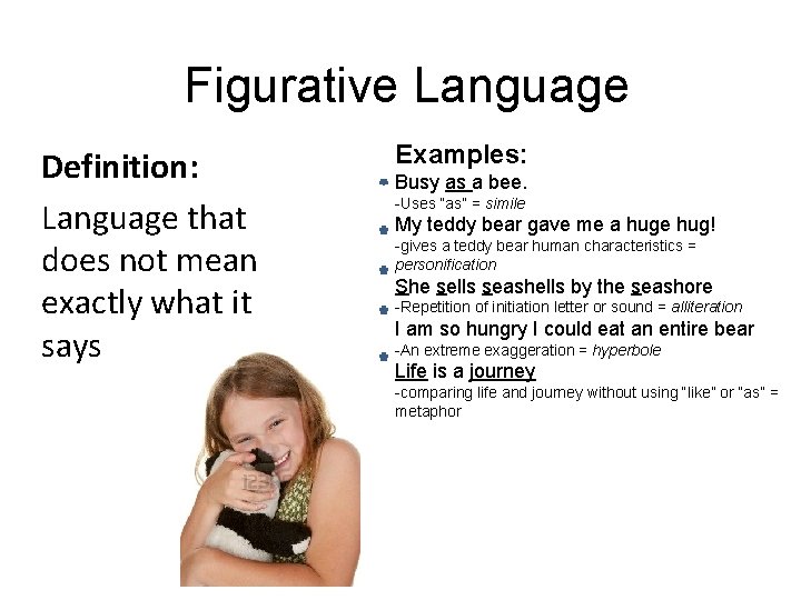 Figurative Language Definition: Language that does not mean exactly what it says Examples: Busy