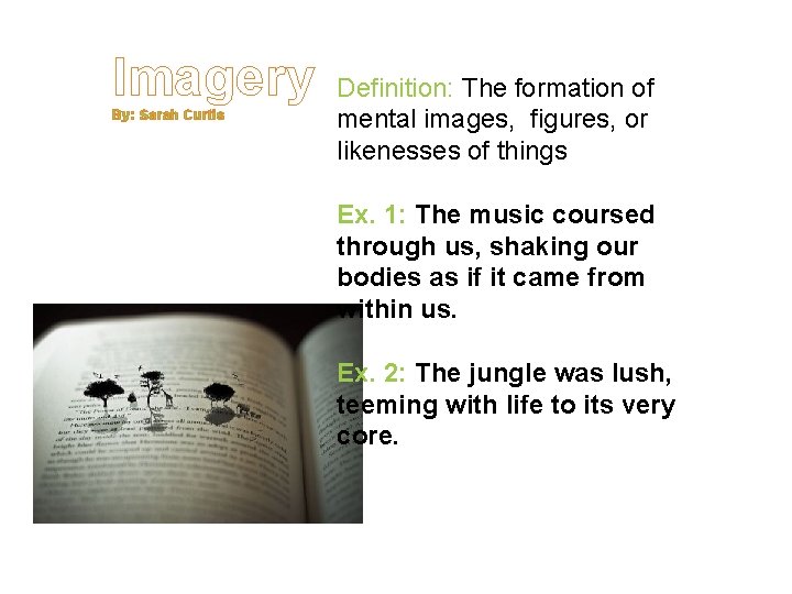 Imagery By: Sarah Curtis Definition: The formation of mental images, figures, or likenesses of