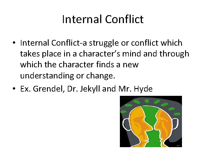 Internal Conflict • Internal Conflict-a struggle or conflict which takes place in a character’s
