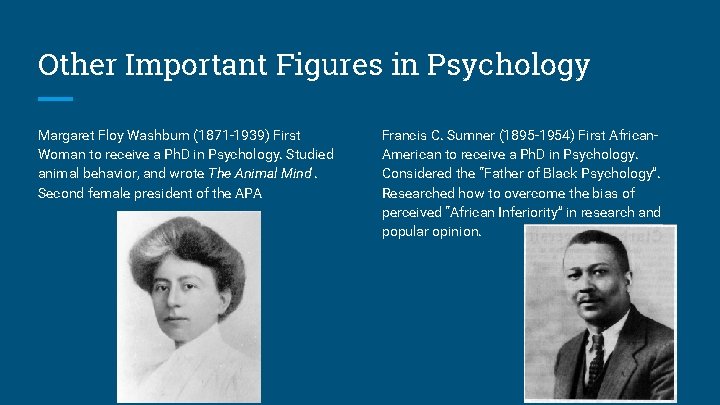 Other Important Figures in Psychology Margaret Floy Washburn (1871 -1939) First Woman to receive