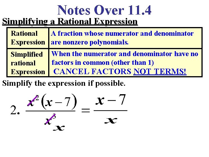 Notes Over 11. 4 Simplifying a Rational Expression Rational A fraction whose numerator and