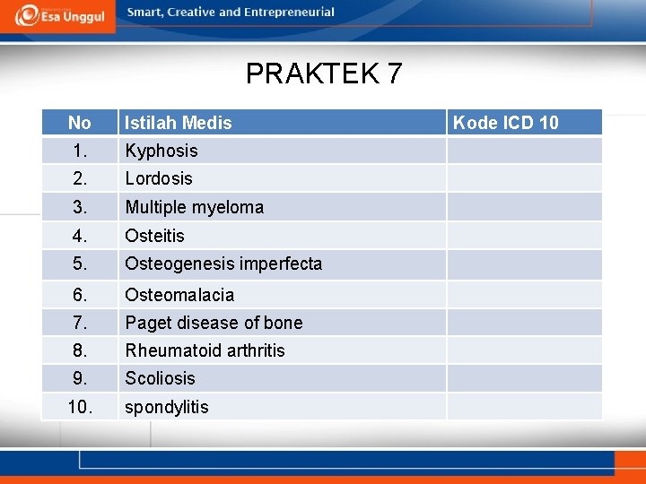 PRAKTEK 7 No Istilah Medis 1. Kyphosis 2. Lordosis 3. Multiple myeloma 4. Osteitis