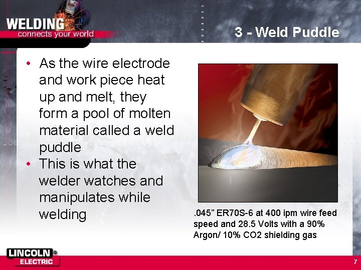3 - Weld Puddle • As the wire electrode and work piece heat up