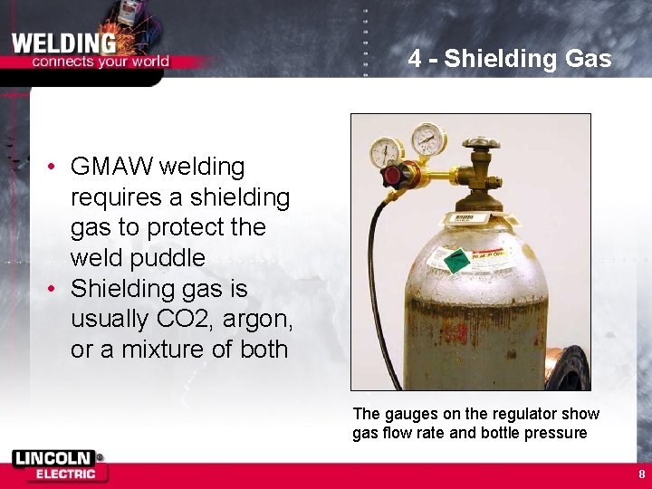 4 - Shielding Gas • GMAW welding requires a shielding gas to protect the