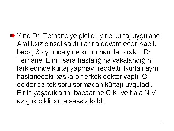 Yine Dr. Terhane'ye gidildi, yine kürtaj uygulandı. Aralıksız cinsel saldırılarına devam eden sapık baba,