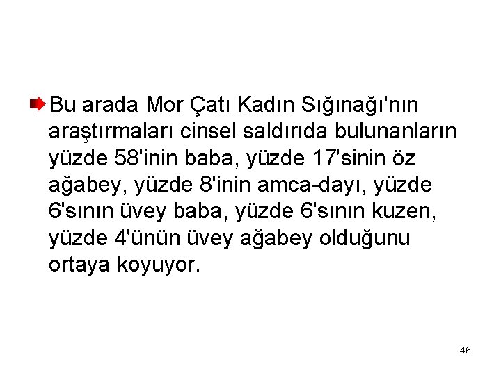 Bu arada Mor Çatı Kadın Sığınağı'nın araştırmaları cinsel saldırıda bulunanların yüzde 58'inin baba, yüzde