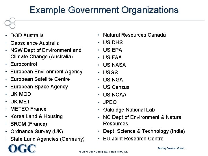Example Government Organizations • DOD Australia • Geoscience Australia • NSW Dept of Environment
