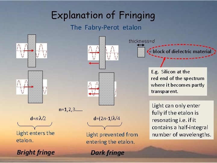 Explanation of Fringing The Fabry-Perot etalon thickness=d = block of dielectric material E. g.