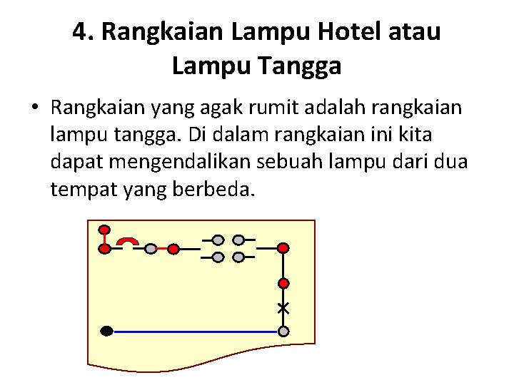 4. Rangkaian Lampu Hotel atau Lampu Tangga • Rangkaian yang agak rumit adalah rangkaian